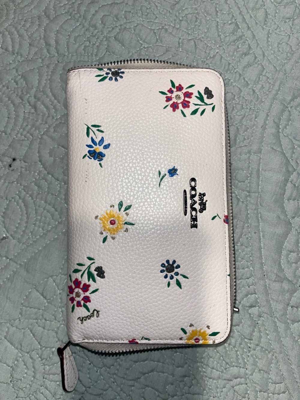 Coach White Floral Zip Wallet with Multicolor Blooms
